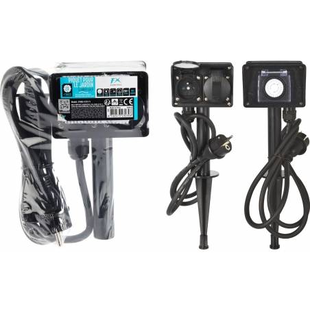 A compact, dark device with a power cord and a spike for outdoor installation. A compact, dark device with a power cord and a spike for outdoor installation.