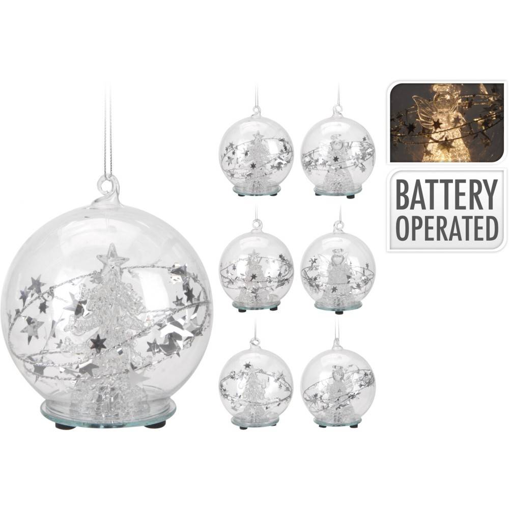 Transparante kerstbal met zilveren sterren en een boom, batterijgevoed, sfeervol en decoratief.