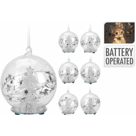 Transparante kerstbal met zilveren sterren en een boom, batterijgevoed, sfeervol en decoratief.
