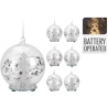Clear glass snow globe with a silver tree and stars, illuminated and battery-operated.
