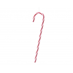 A red and white striped candy cane with a curved top, hanging against a plain background.