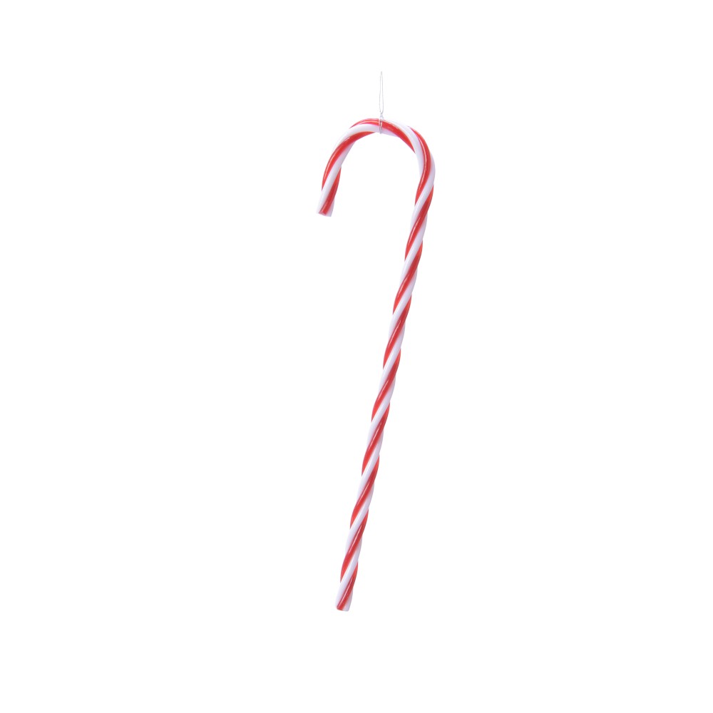 A red and white striped candy cane with a curved top, hanging against a plain background.
