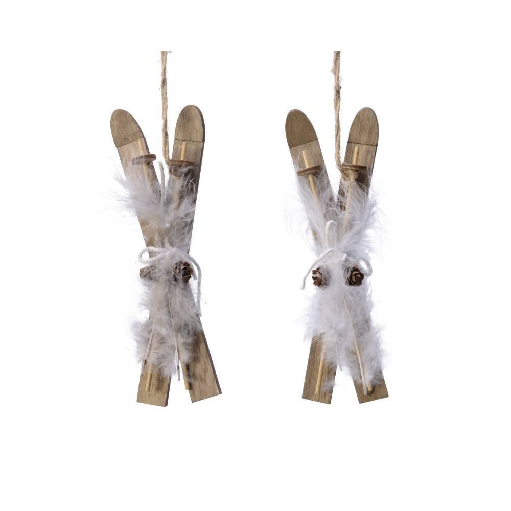 Two wooden skis tied with twine, adorned with white feathers and small pinecones.