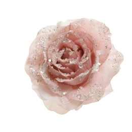Zachte, roze roos met sprankelende glitters en delicate, golvende bloemblaadjes.