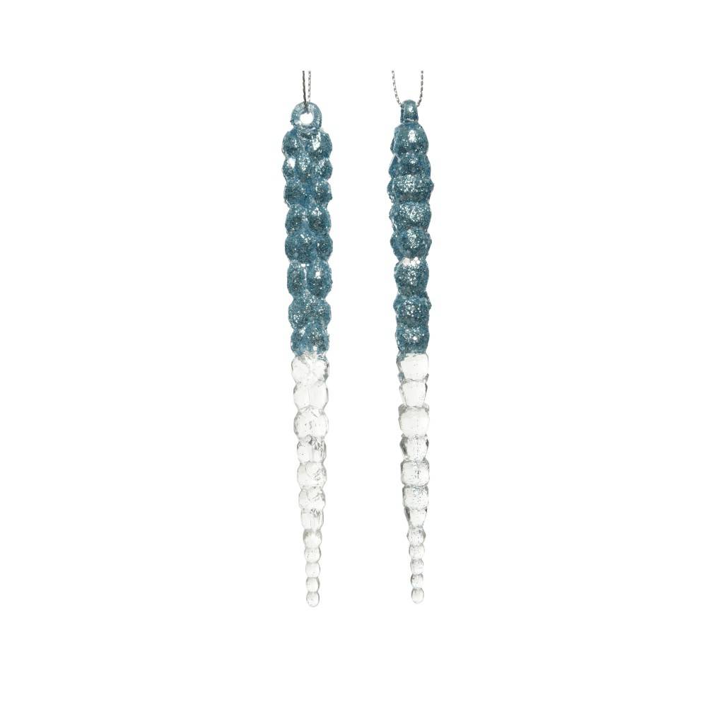 Two long, shimmering icicle-shaped earrings with a gradient from teal to clear.
