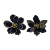 Two elegant fabric flowers in deep navy with gold accents and sparkling centers.