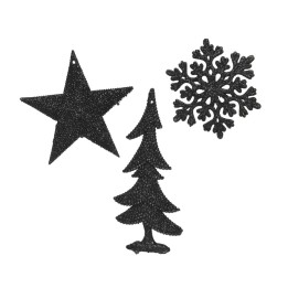 Drie zwarte kerstdecoraties: een ster, een dennenboom en een sneeuwvlok, allemaal met fijne textuur.