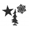 Three black holiday decorations: a star, a Christmas tree, and a snowflake, all intricately shaped.
