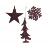 Three glittery holiday ornaments: a star, a snowflake, and a Christmas tree, all in deep red.