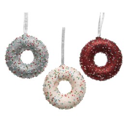Three glittery donut ornaments in silver, white, and red with colorful sprinkles.