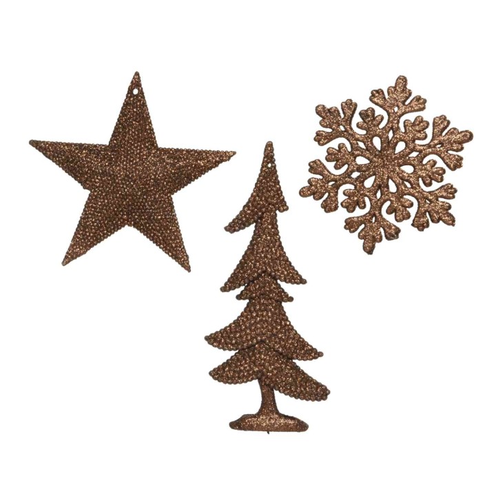 Drie decoratieve kerstfiguren in brons: een ster, een boom en een sneeuwvlok met fijne details.