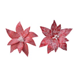 Twee rode bloemen met spitse bloemblaadjes en witte parels in het midden, van zachte materialen g...