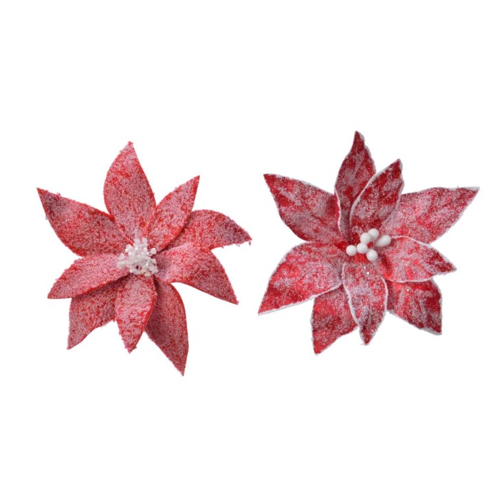 Twee rode bloemen met spitse bloemblaadjes en witte parels in het midden, van zachte materialen g...