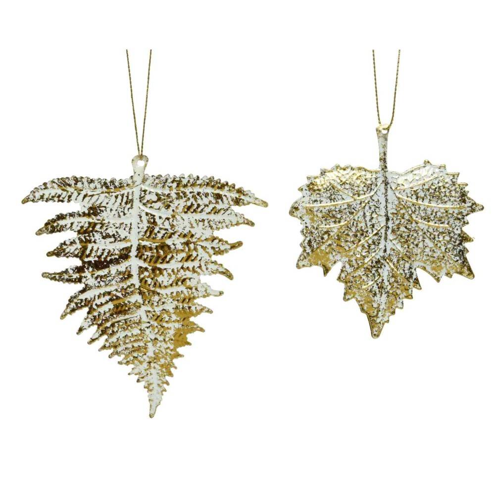 Two shimmering gold leaf ornaments with intricate details, perfect for festive decor.