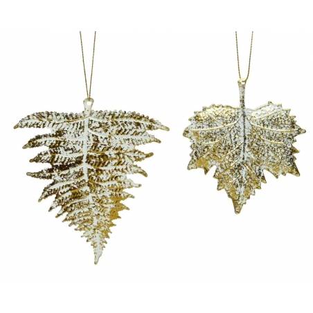 Two shimmering gold leaf ornaments with intricate details, perfect for festive decor.