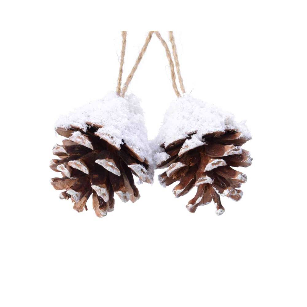 Two snow-dusted pine cones hanging from twine against a white background.