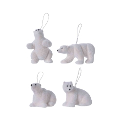 Four cute white polar bear ornaments in various playful poses, each with a hanging loop.