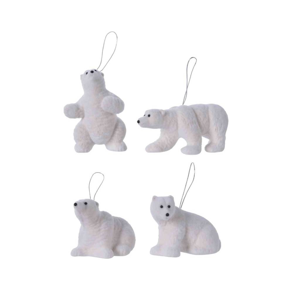 Four cute white polar bear ornaments in various playful poses, each with a hanging loop.