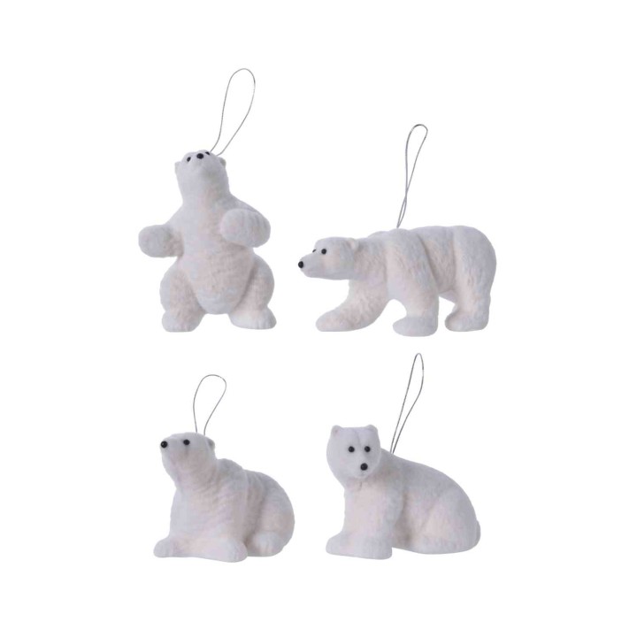 Verschillende schattige, witte ijsberen in diverse poses, gemaakt van zacht materiaal met een han...