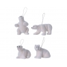 Four cute white polar bear ornaments in various playful poses, each with a hanging loop.