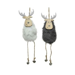 Twee schattige rendierfiguren van pluizig materiaal, één wit en één grijs, met houten koppen ...