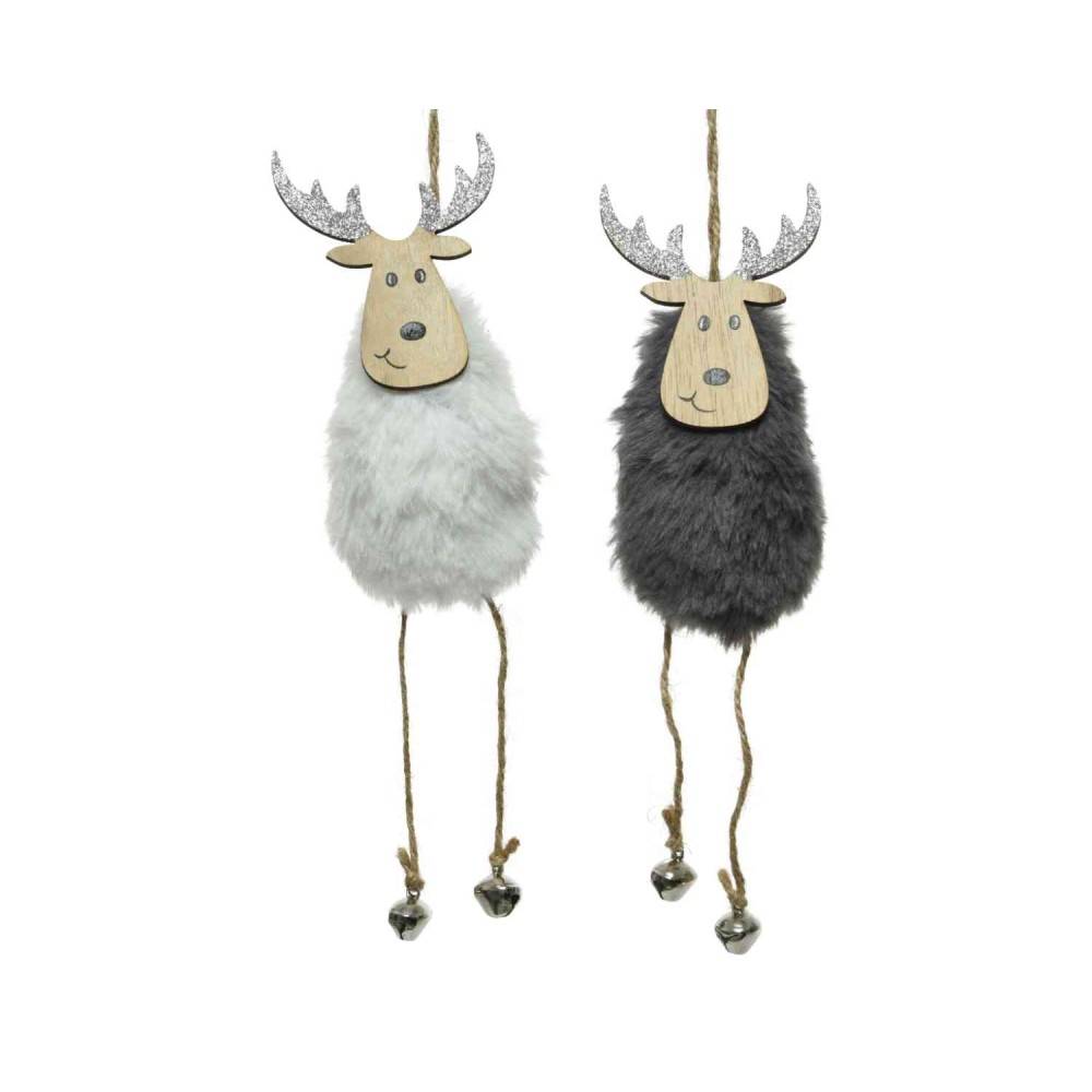 Two whimsical reindeer decorations with fluffy bodies, one white and one gray, hanging with bells.