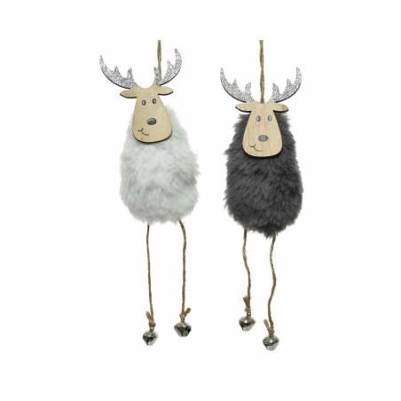 Two whimsical reindeer decorations with fluffy bodies, one white and one gray, hanging with bells.
