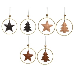 Leather ornaments in star and tree shapes, suspended in gold rings with white ribbons.