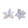 Two delicate white fabric flowers with soft petals and subtle texture.
