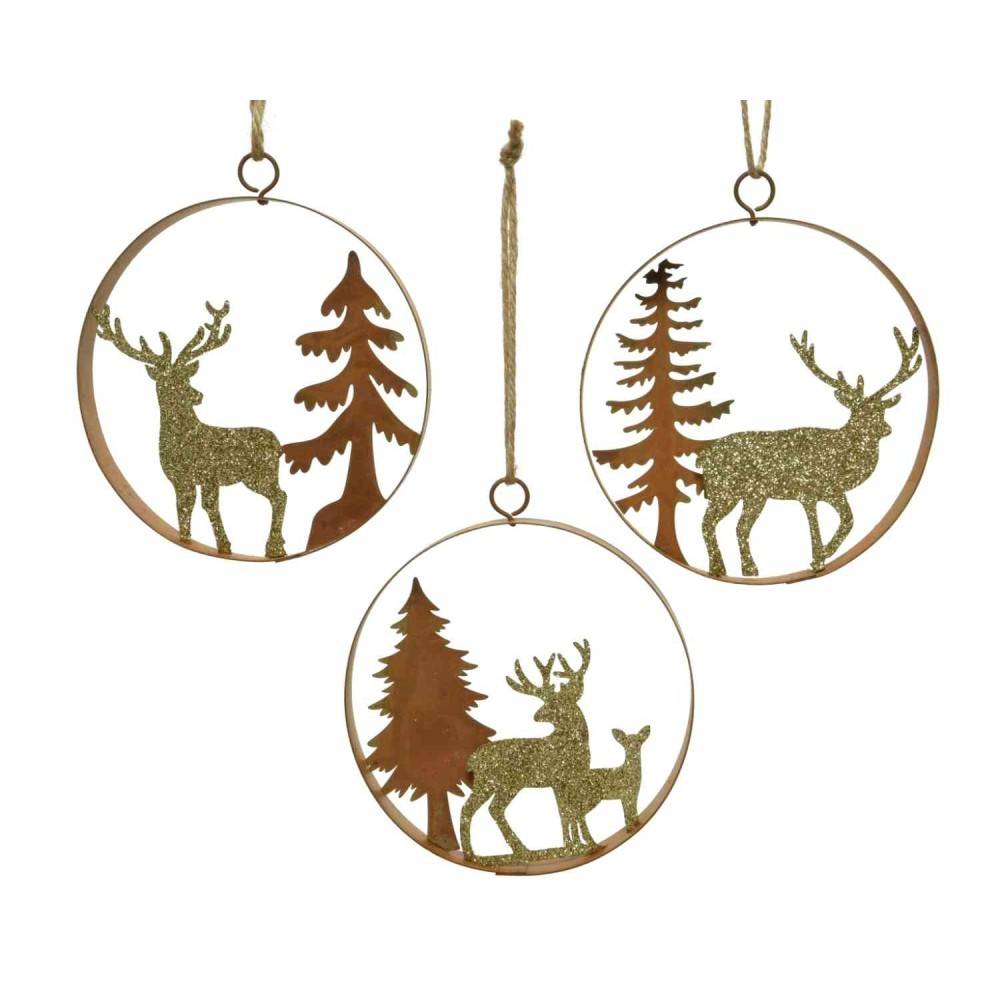 Three decorative ornaments featuring glittery reindeer and trees in circular metal frames.