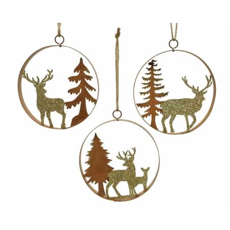 Three decorative ornaments featuring glittery reindeer and trees in circular metal frames.