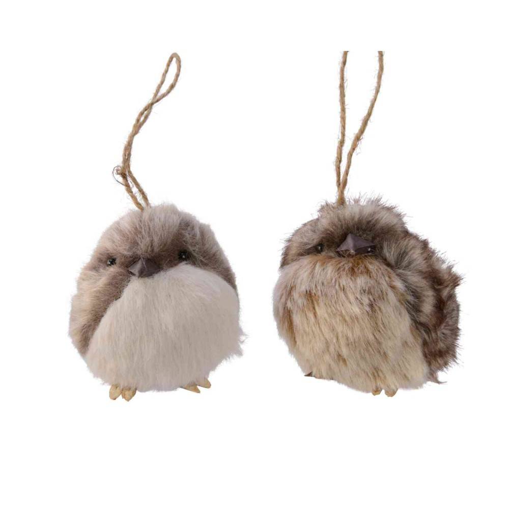 Two soft, round, plush bird ornaments in muted browns and whites, with hanging twine.