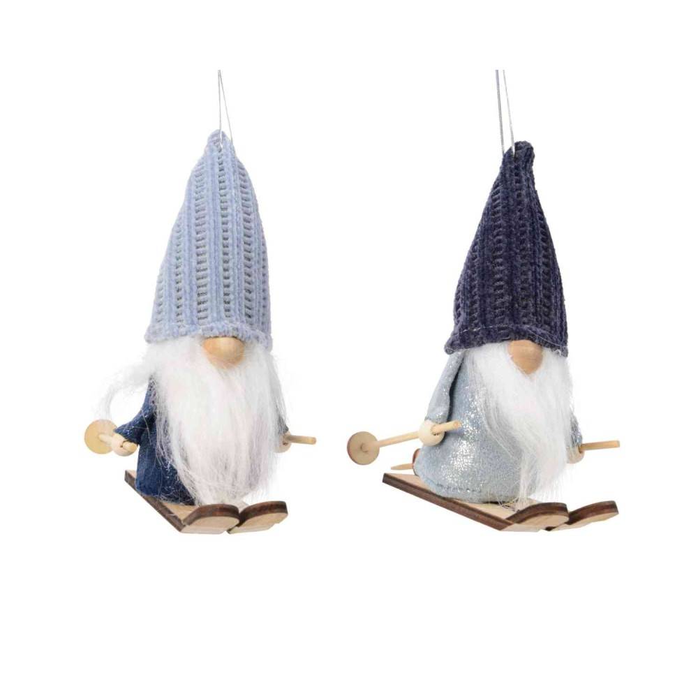 Two whimsical gnomes in knitted hats, one blue and one dark blue, sitting on wooden sleds.