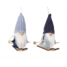 Two whimsical gnomes in knitted hats, one blue and one dark blue, sitting on wooden sleds.
