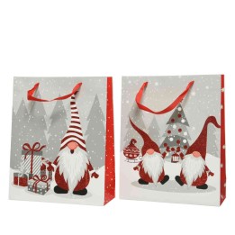 Kerstachtige tas met gnome-illustraties, rode en grijze tinten, sneeuwvlokken en cadeautjes.
