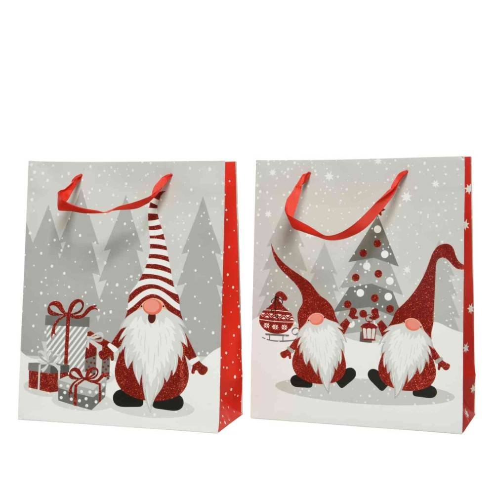 Festive gift bags featuring playful gnomes in red and white amidst a snowy backdrop.