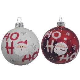 Twee kerstballen in wit en rood, versierd met sneeuwvlokken en vrolijke kerstmannen.
