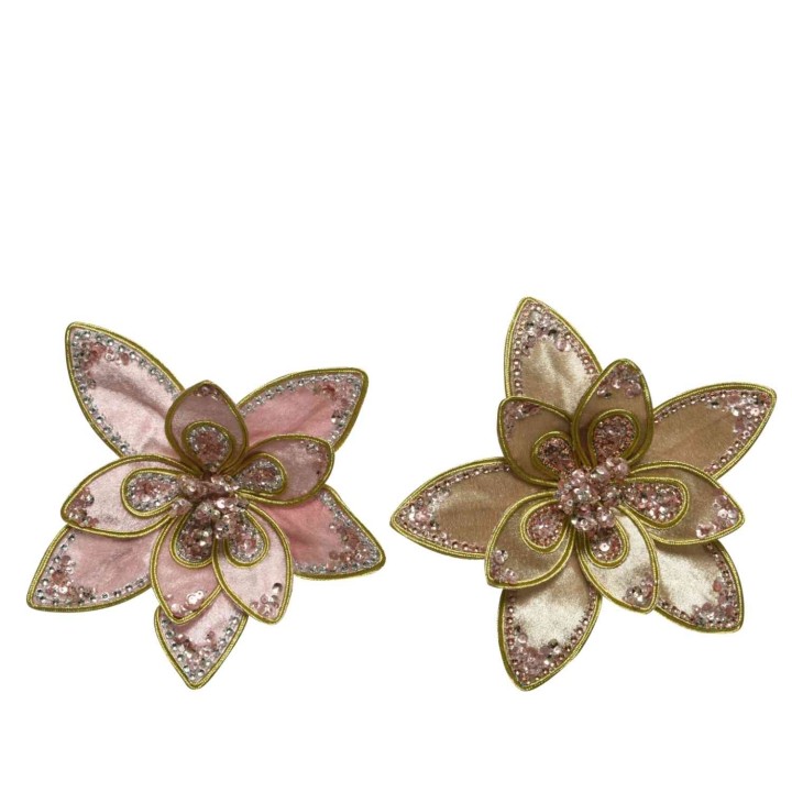 Twee elegante bloemen in zachte roze en goud met glinsterende details.