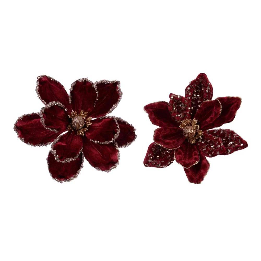Two deep burgundy fabric flowers, embellished with glittering edges and a central bead.