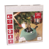 A green Christmas tree stand with instructions and measurements on a white background.