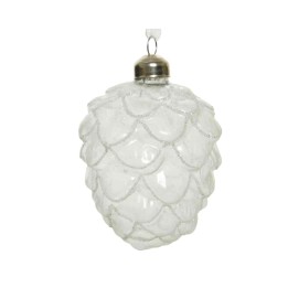 A clear glass ornament shaped like a pine cone with textured scales and a silver cap.