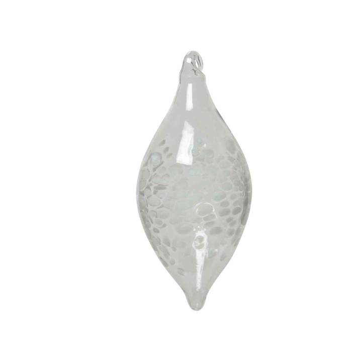 Doorzichtige, glazen ornament in een ovale, spitse vorm met subtiele, gematteerde details.