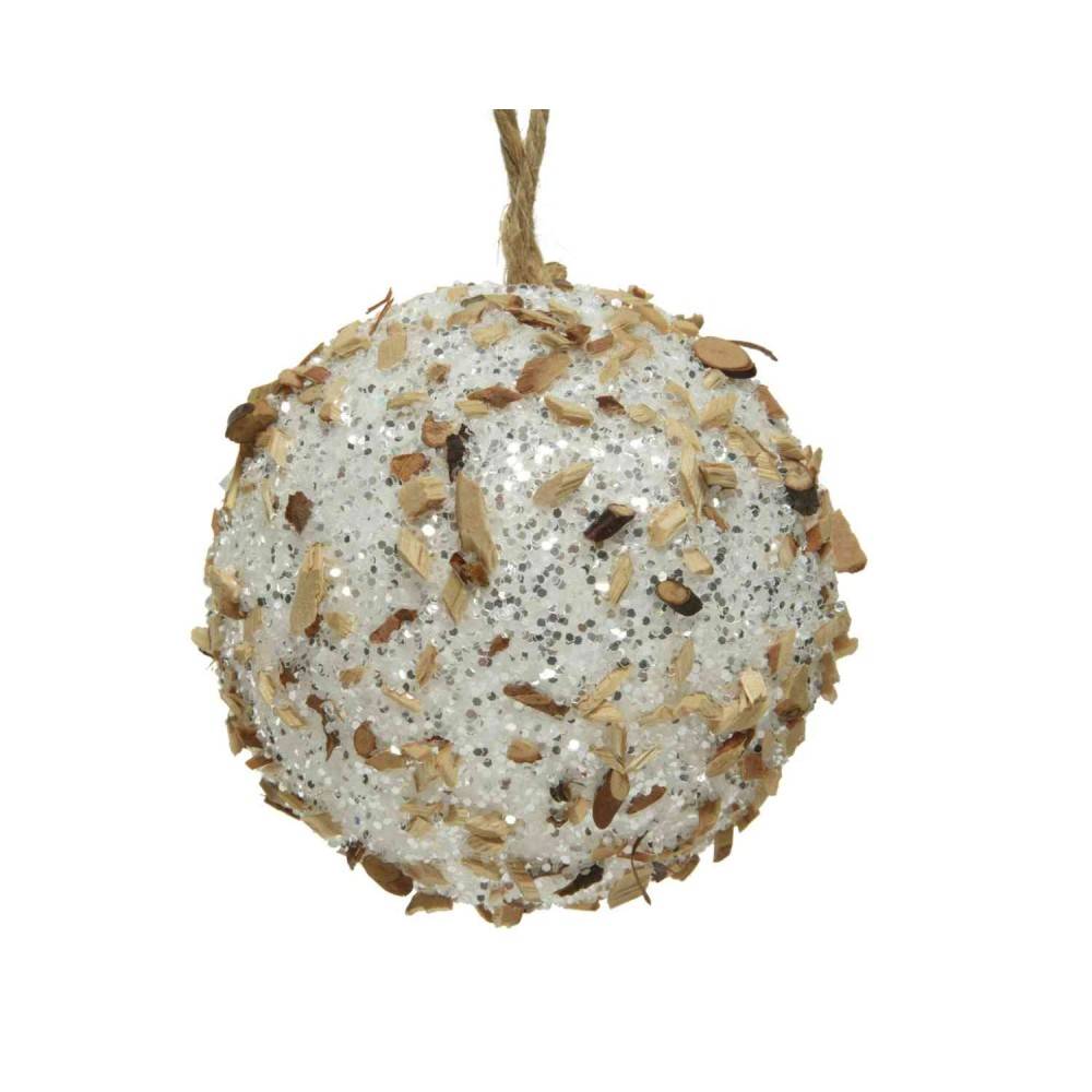 A glittery, white ball adorned with brown flakes and a twine loop for hanging.