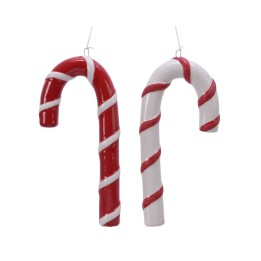 Twee feestelijke kerststokjes in rood en wit, met een glanzende afwerking en gedraaide strepen.