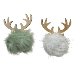 Two fluffy pom-poms with wooden antlers, one mint green and one white, adding a whimsical touch.