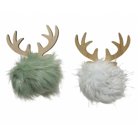 Two fluffy pom-poms with wooden antlers, one mint green and one white, adding a whimsical touch.