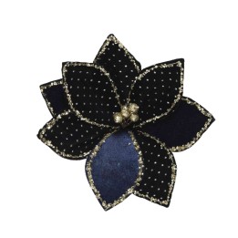 Een elegante bloem in zwart en donkerblauw, versierd met glinsterende parels en glitterranden.