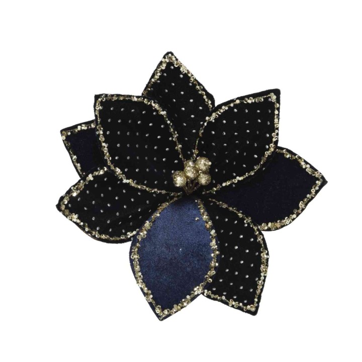 Een elegante bloem in zwart en donkerblauw, versierd met glinsterende parels en glitterranden.