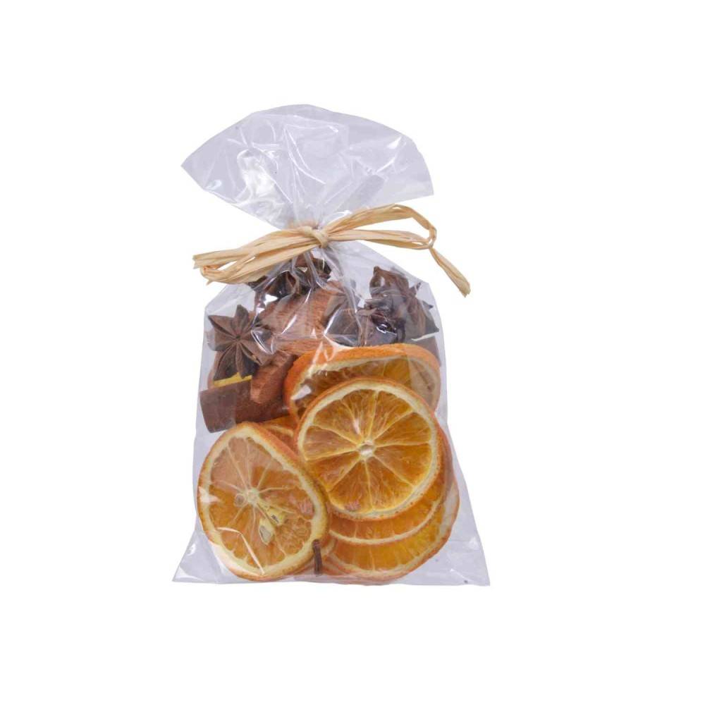 A clear bag filled with dried orange slices and aromatic spices tied with a natural twine.