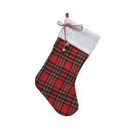 A red plaid Christmas stocking with a fluffy white cuff and decorative bells.